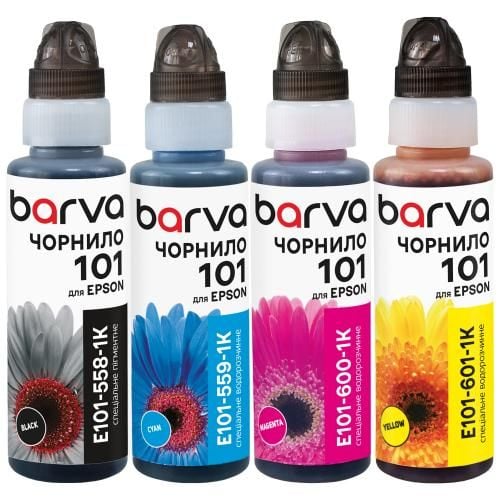 Комплект чорнил для Epson 101 спеціальні 4*100 мл, флакон OneKey (1K), пігментне/водорозчинні, BK/C/M/Y Barva E101-1K-MP