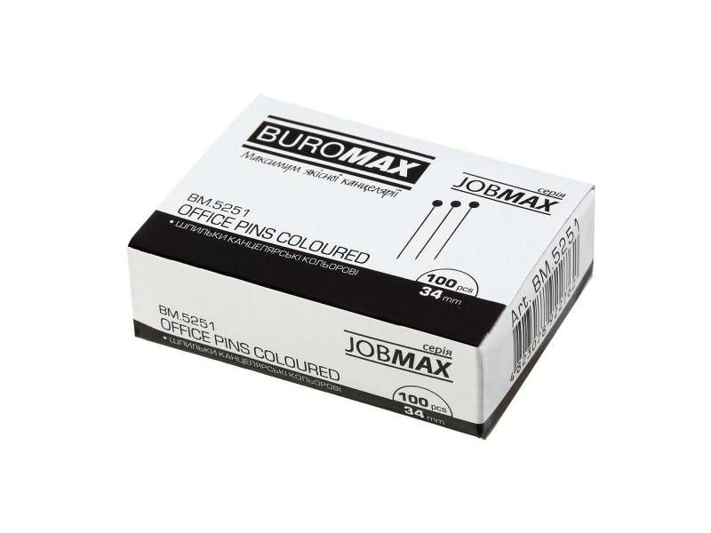 Булавки канцелярські Buromax 34мм 100шт кольорові (картон. упак) BM.5251