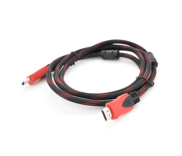 Кабель Merlion HDMI-HDMI 1.8m, v1.4, OD-7.4mm, 2 фільтра, обплетення, круглий Black / RED, коннектор RED / Black, (Пакет), Q160 00257