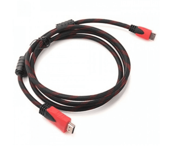 Кабель Merlion HDMI-HDMI 2.0m, v1.4, OD-7.4mm, 2 фільтра, обплетення, круглий Black / RED, коннектор RED / Black, (Пакет), Q120 19206