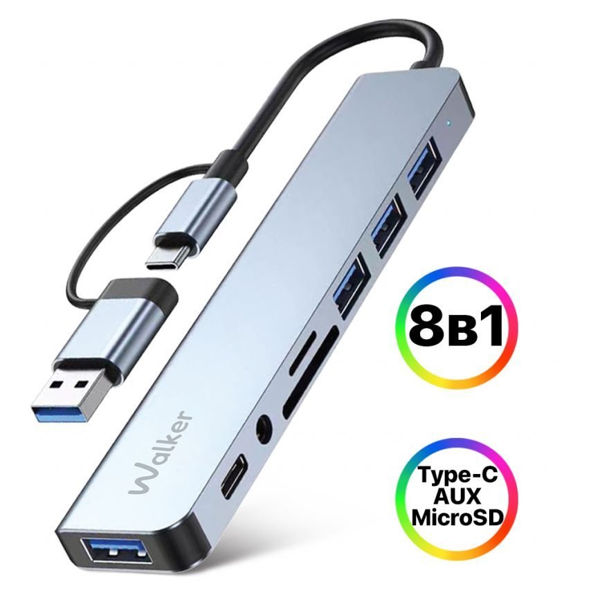 Перехідник USB HUB 8в1 WALKER WHUB-53 з роз'ємом USB/Type-C grey