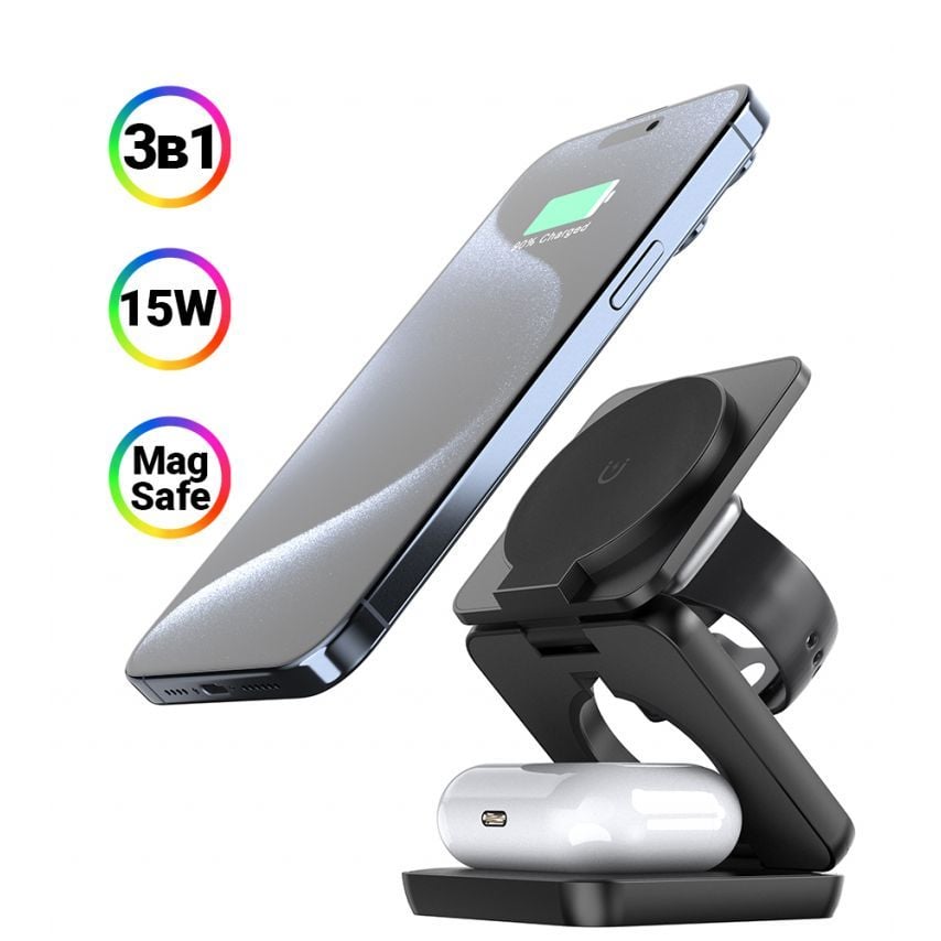 Бездротовий зарядний пристрій 3в1 WALKER WH-57 15W black
