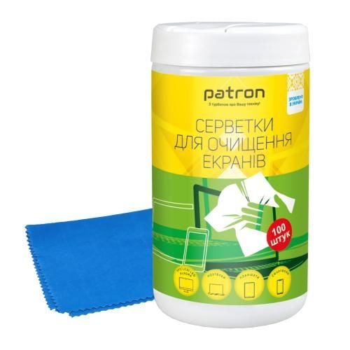 Комплект 2в1: серветки для очищення екранів, туба 100 шт. Patron (F3-027) + серветка мікрофібра, 20 х20 cм (CS-PN-F4-019)