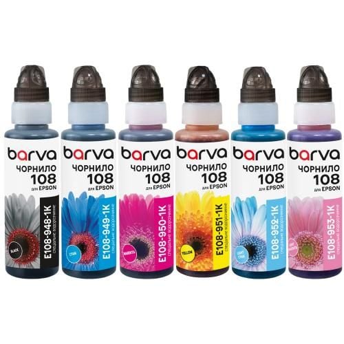 Комплект чорнил сумісних для Epson 108 спеціальні 6x100 мл, флакон OneKey (1K), водорозчинні, BK/C/M/Y/LC/LM Barva E108-1K-MP