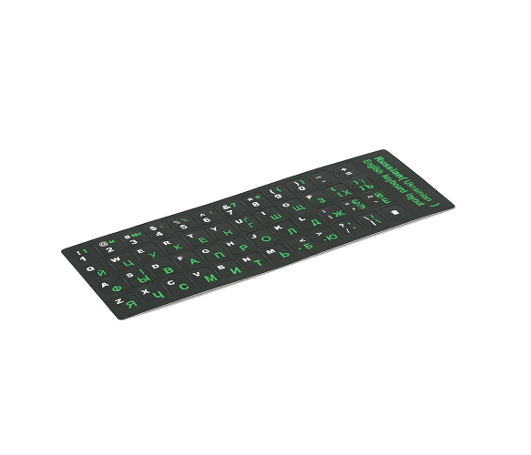 Наклейки на клавіатуру чорні із зеленими літерами Англ.Укр.Рус.. Q500 28147