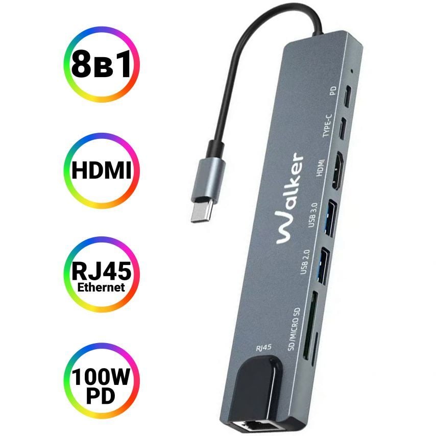 Перехідник USB HUB 8в1 WALKER WHUB-63 з роз'ємом Type-C grey