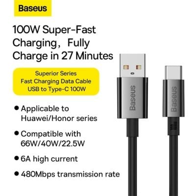 Baseus Superior Series Fast Charging Data Cable USB to Type-C 100W 1m Cluster Black P10320102114-00