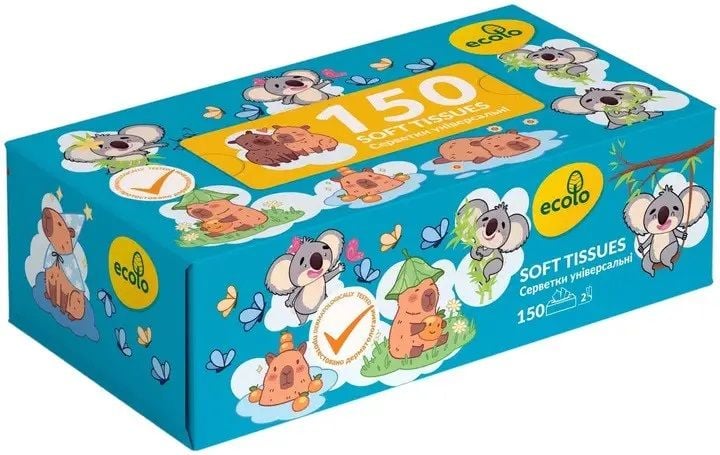 Серветки косметичні 150л "Еколо" 2сл білі Пенал Kids