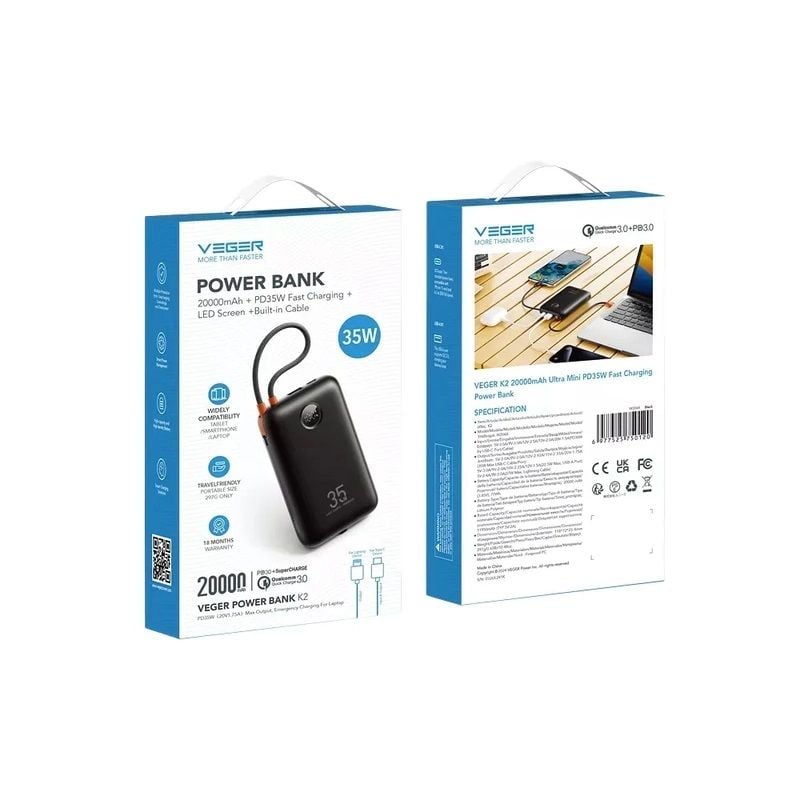Зовнішній акумулятор VEGER 20000 mAh with built-in cables Type C / Lightning PD QC3.0 35W K2 (W2068) black VG-W2068